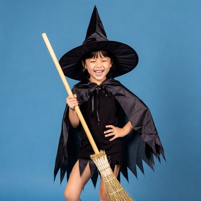 Asian girl in witch costume with broom