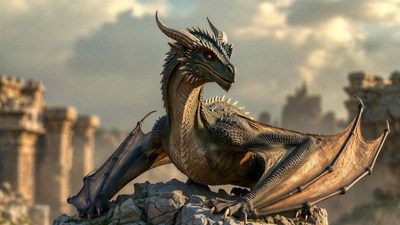 Majestic Dragon Perched on Ruins