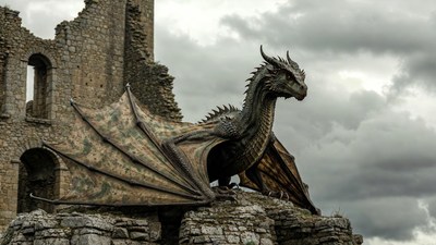 Dragon perched on ruined castle