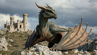 Green Dragon in Front of Ruined Castle