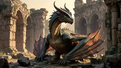 Green Dragon in Ancient Ruins