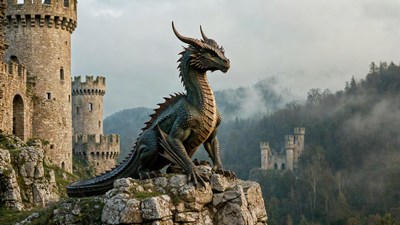 Dragon perched on rocks near castle