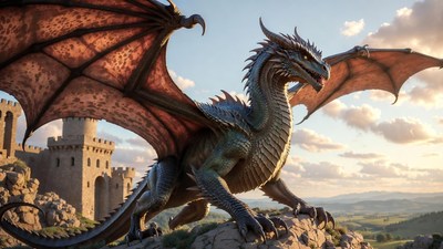 Majestic Dragon Perched on Castle Rock