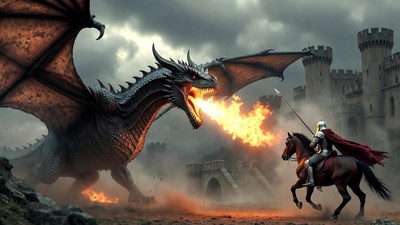 Knight Fighting Dragon on Horse