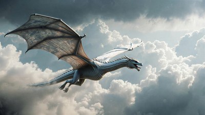 Silver Dragon Flying Through Clouds