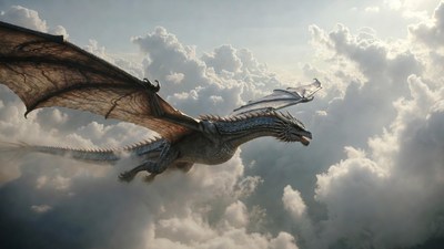 Silver Dragon Flying Through Clouds