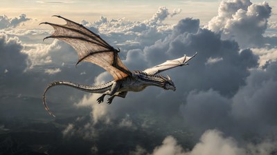 Dragon flying through clouds