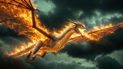 Fiery Dragon Flying in Stormy Clouds