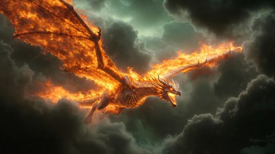 Fiery Dragon Flying in Storm Clouds