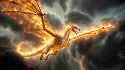 Fiery Dragon Flying in Stormy Clouds