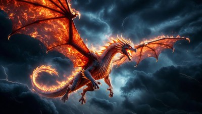 Fiery Red Dragon Flying in Stormy Clouds