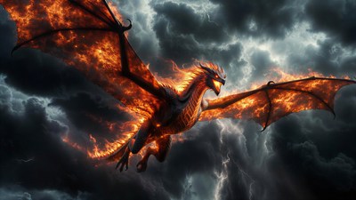 Fiery Dragon Flying in Storm Clouds