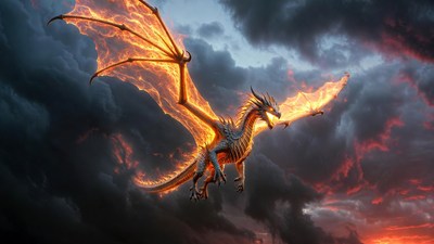 Fiery Dragon Flying in Stormy Sky