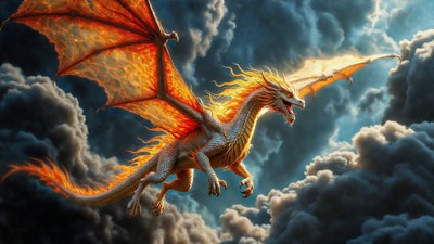 Fiery Dragon Flying in Storm Clouds