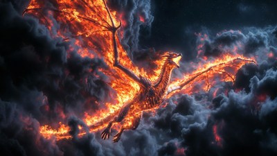 Fiery Dragon Flying in Storm Clouds