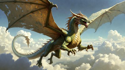 Green Dragon Flying in Clouds