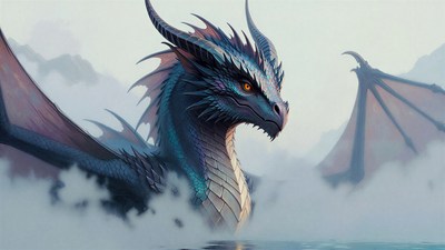 Majestic Blue Dragon in Misty Mountains