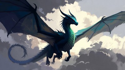 Majestic Blue Dragon Flying in Clouds