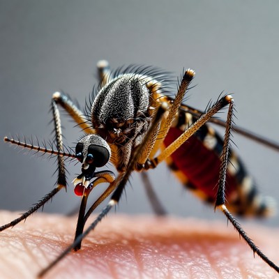 Mosquito biting human skin