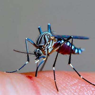 Mosquito biting human finger
