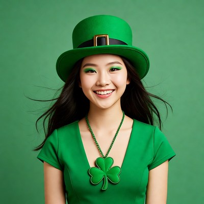 Asian woman in green leprechaun hat