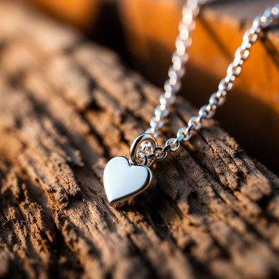 Silver heart necklace on wood