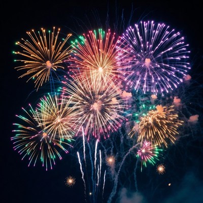 Colorful Fireworks Exploding in Night Sky