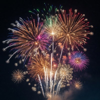 Colorful Fireworks Exploding in Night Sky
