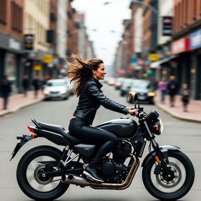 Woman riding motorcycle on city street