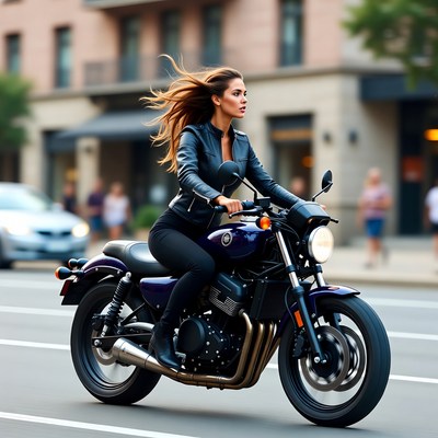 Woman riding motorcycle on city street