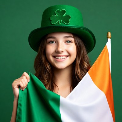 Girl with Irish flag and shamrock hat