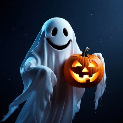 Smiling Ghost Holding Jack-o-Lantern