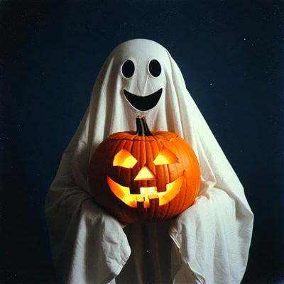 Ghost holding jack-o-lantern pumpkin
