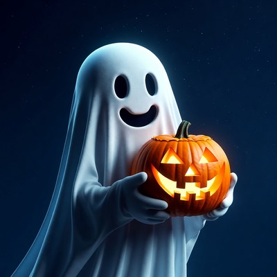 Cartoon Ghost Holding Jack-o'-lantern