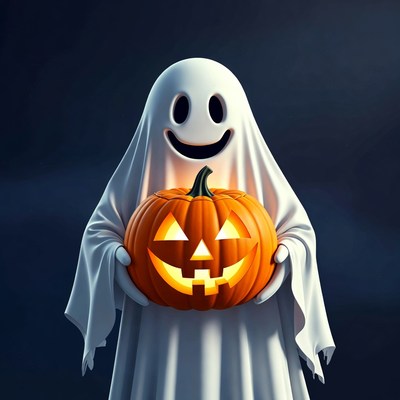 Ghost holding jack-o-lantern pumpkin