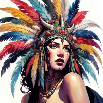 Woman wearing colorful feather headdress