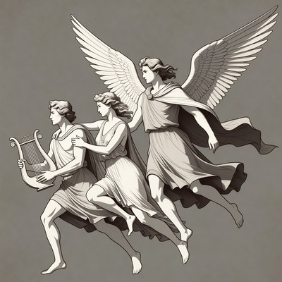 Three Winged Angels Flying with Lyre