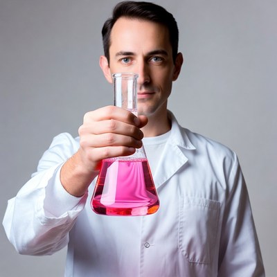Man holding pink flask in lab coat