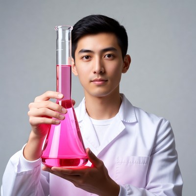Asian man holding pink lab flask