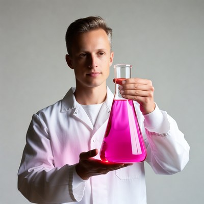 Man holding pink lab flask