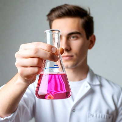 Young man holding pink beaker