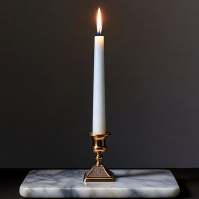 Lit White Candle on Gold Candlestick
