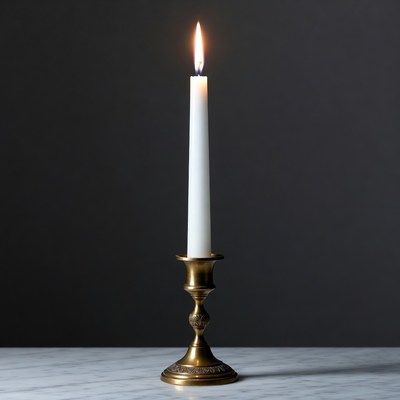 Lit White Candle on Brass Candlestick
