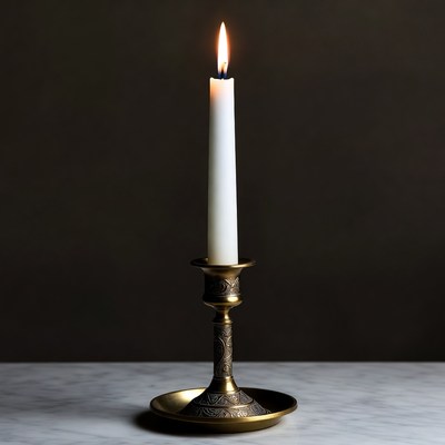 Burning Candle on Brass Candlestick