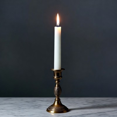 Lit White Candle on Brass Candlestick