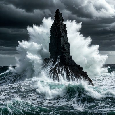 Sea Stack Crashing Waves Stormy Sky