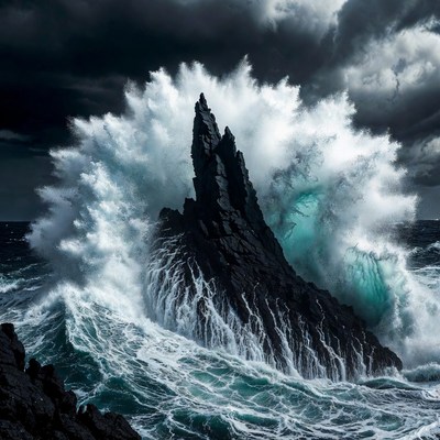 Ocean Waves Crashing on Dark Rock