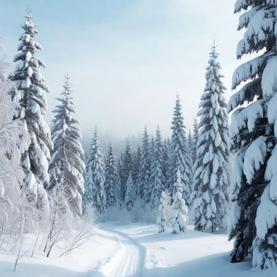 Snowy Path Through Pine Forest