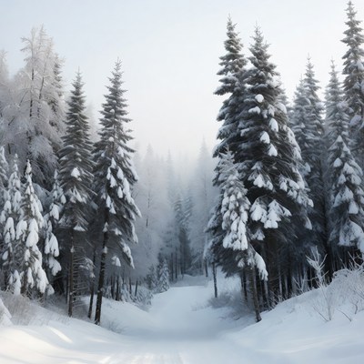 Snowy Path Through Pine Forest