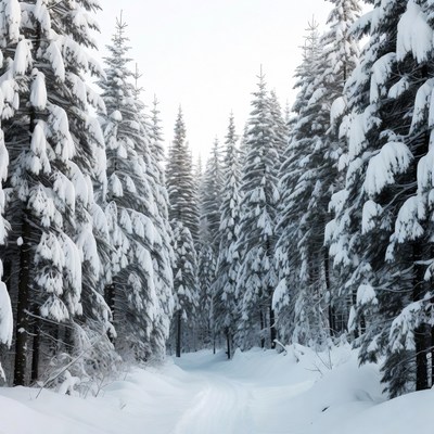 Snowy Path Through Pine Forest